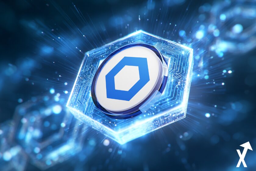 chainlink coin bleu blanc sur fond cleu electrique