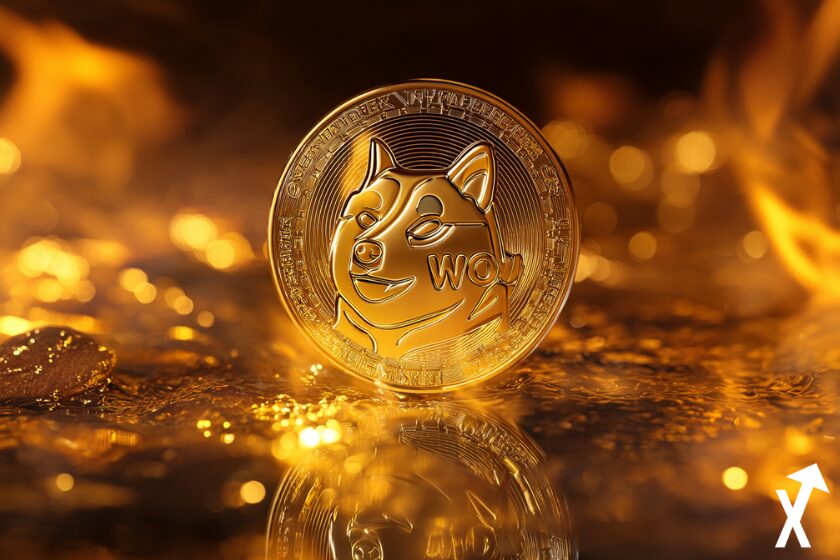 dogecoin coin doré sur fond doré lumineux