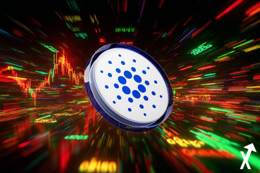 ADA Cardano coin bleu blanc sur fond crypto trading chart rouge vert