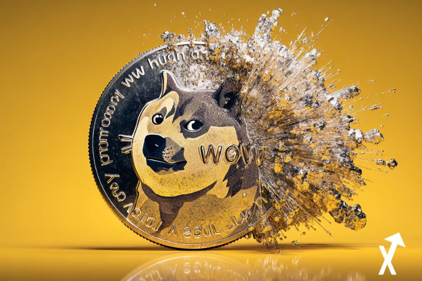 dogecoin coin doré argenté sur fond jaune clean