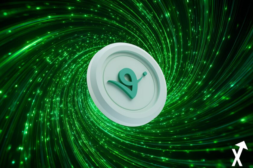 virtual coin vert sur fond spirale tornade crypto univers