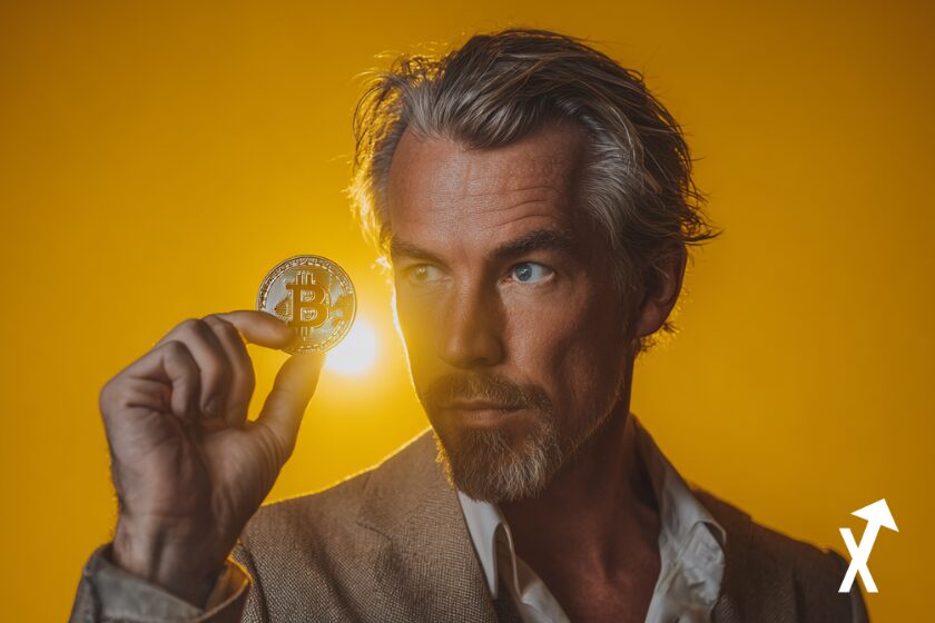 michael saylor tenant jeton bitcoin doré sur fond jaune