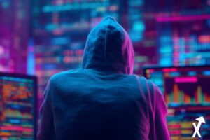 hacker de dos capuché face à plusieurs ecrans tradings charts