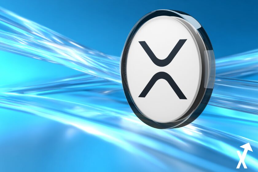 xrp coin noir blanc sur fond bleu glacial et blanc vagues