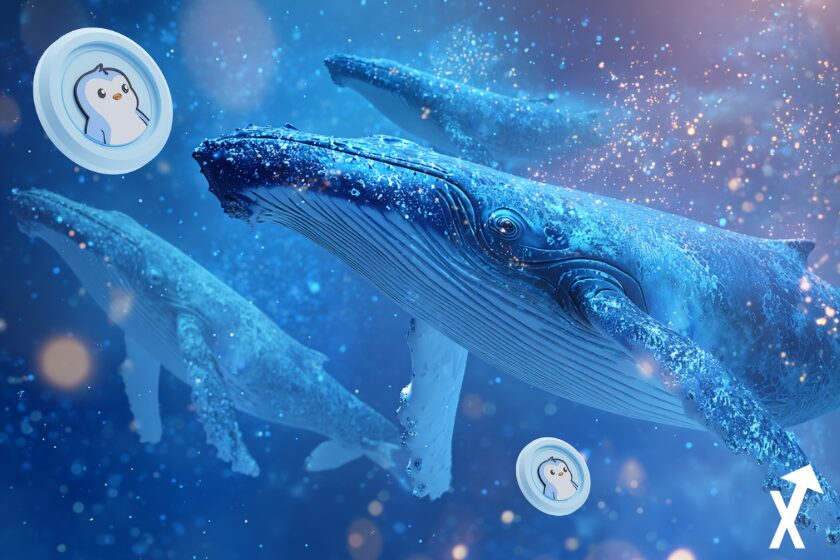 pengu coins avec baleines dans ocean couleur bleu glacé