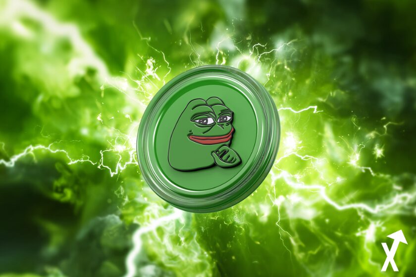 pepe coin vert electrique sur fond electrique crypto