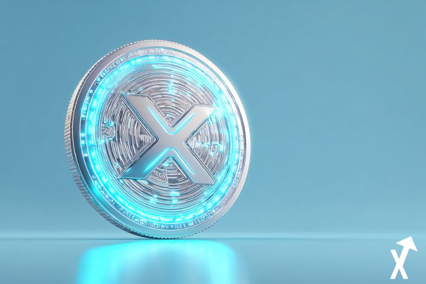 xrp coin argent et bleu sur fond bleu et argenté