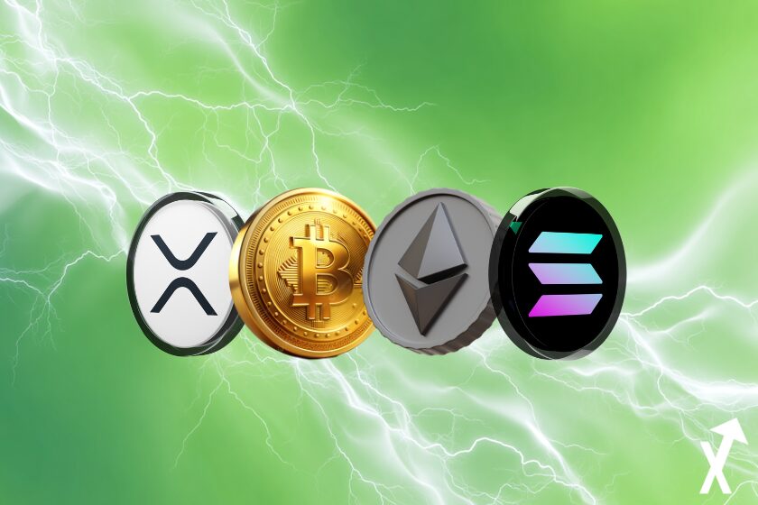 SOL BTC ETH XRP coins sur fond vert et blanc electrique