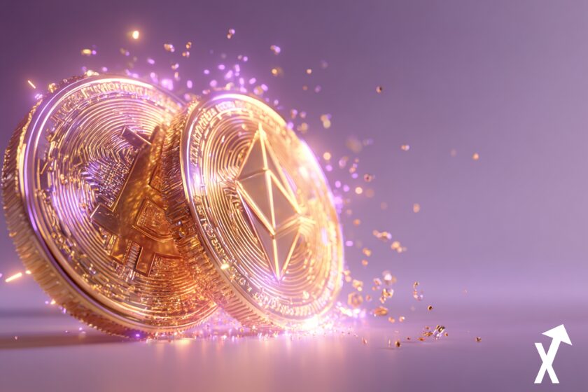 bitcoin ethereum coins argenté sur fond violet electrique