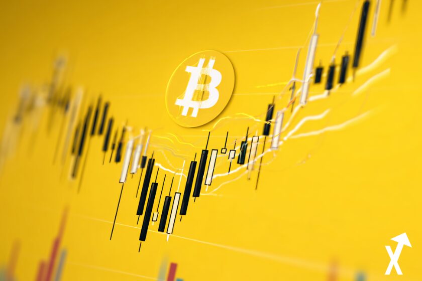 bitcoin jeton jaune et blanc sur fond jaune avec un pattern bart simpson sur la longueur