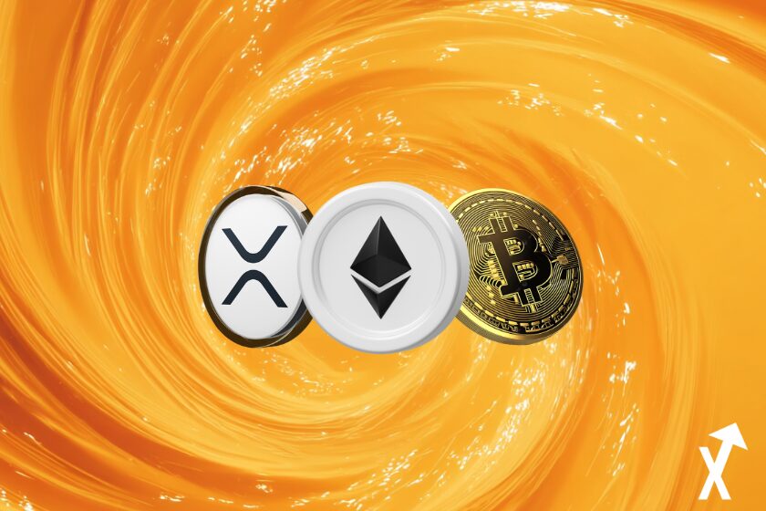 xrp ethereum bitcoin coins sur fond orange fusion spirale