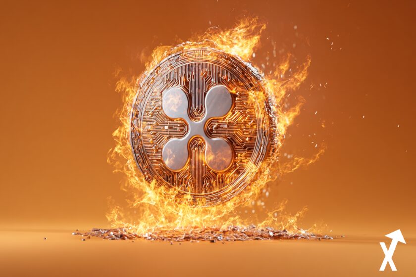 xrp coin or entouré de flammes sur fond rouge orangé intense