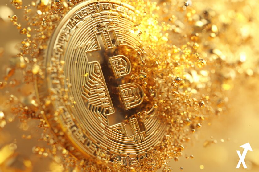 bitcoin coin doré sur fond jaune explosif