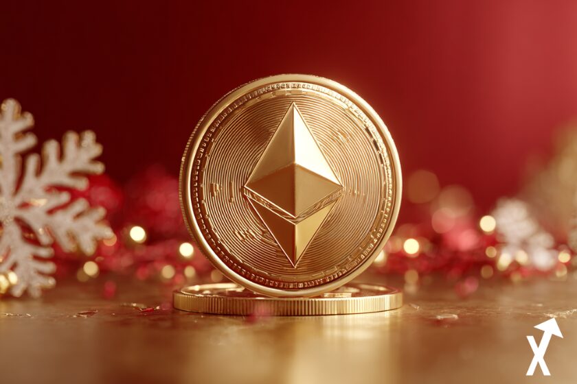 ethereum coin doré sur fond noêl vibe rouge et flocons blancs