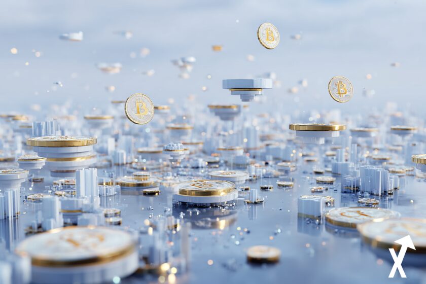 bitcoin altcoins sur fond blockchain clair blanc noire et bleuee