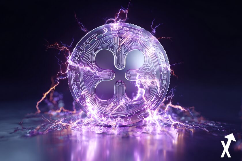 xrp etf coin sur fond violet et blanc sur fond electrique