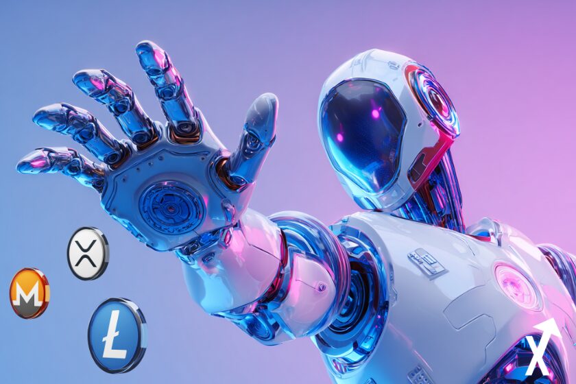 xrp xmr monero litecoin ltc coins avec reprensetation d'une ia robot sur fond bleu violet