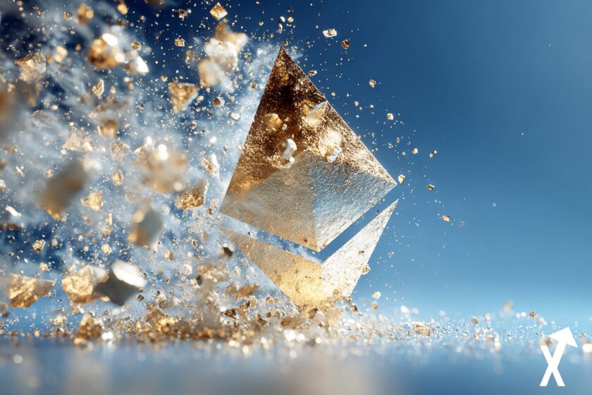 ethereum coin sur fond bleu blanche qui s'effrite