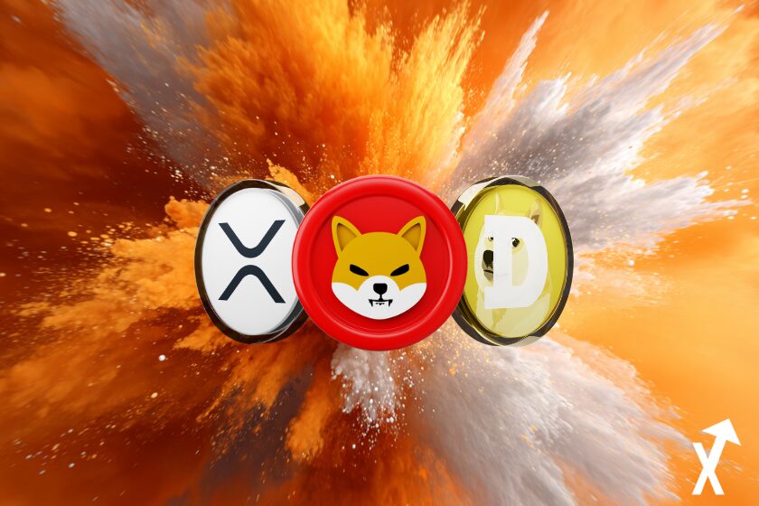 xrp shiba dogecoin jetons sur fond coloré orange explosif