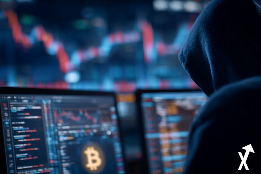 hacker crypto en capuche sur fond bleu blanc trading chart et logo bitcoin sur le pc