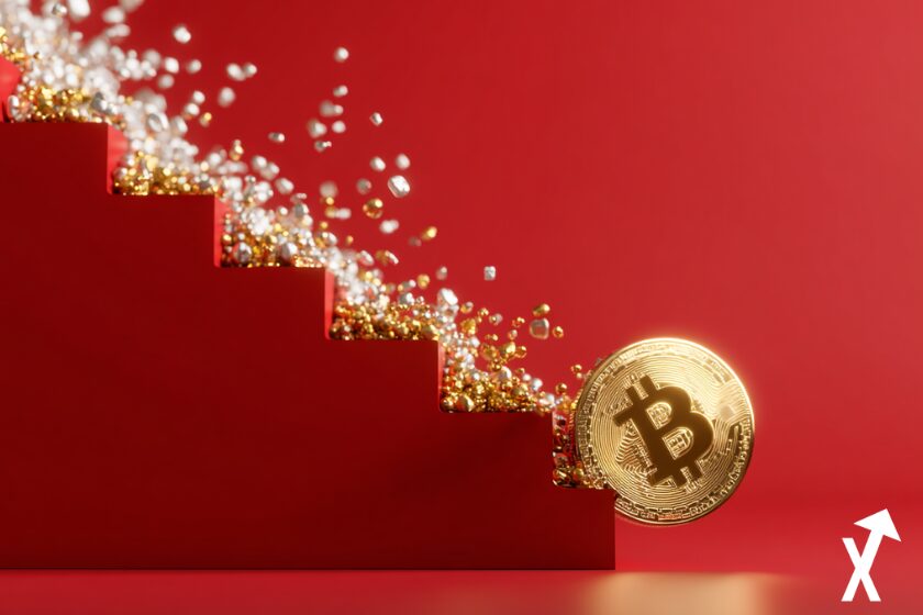 bitcoin doré qui chute d'un escalier sur fond clean rouge