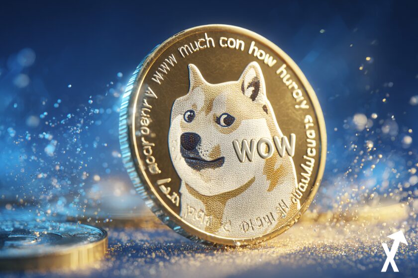 dogecoin jeton doré sur fond bleu blanc et coins dorés autoru