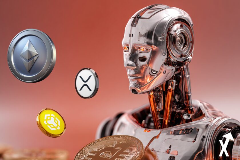 bnb eth xrp coins sur fond ia robot fond orange clean