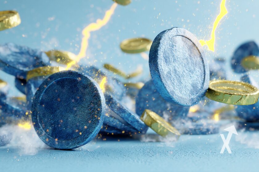 coins bleus et jaunes avec éclairs jaunes sur un fond bleu ciel