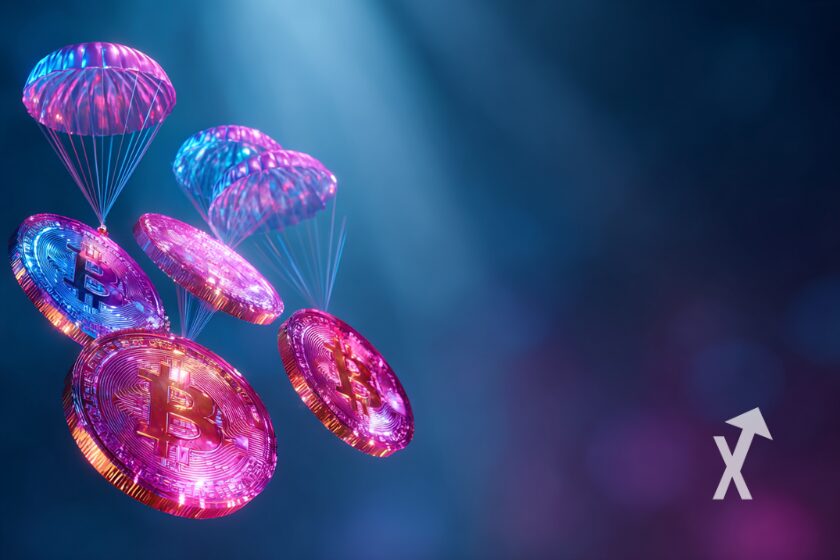 Parachute bleus et rose qui portent des coins Bitcoin sur un fond bleu