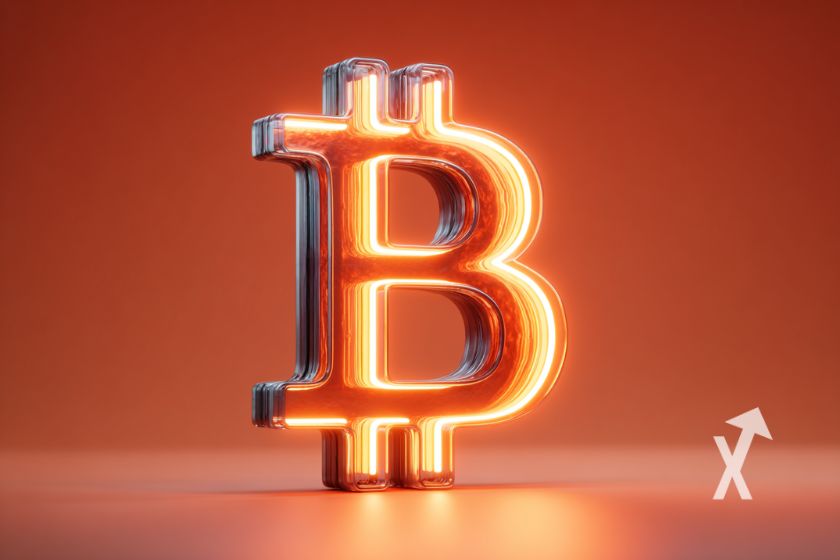 Bitcoin logo en néon jaune sur un fond rouge