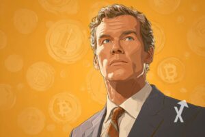 Michael Saylor en costume sur un fond jaune avec des coin Bitcoin en fond