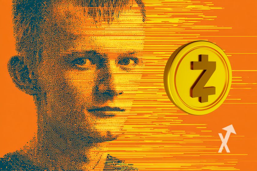 vitalik buterin sur un fond orange avec des traits jaunes et un coin Zcash à sa droite