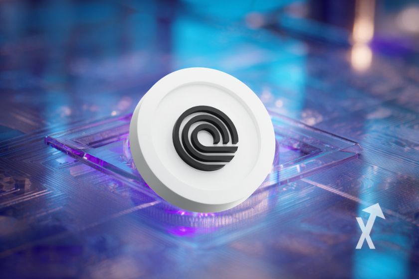 coin OONDO sur un fond bleu et rose style blockchain en hologramme