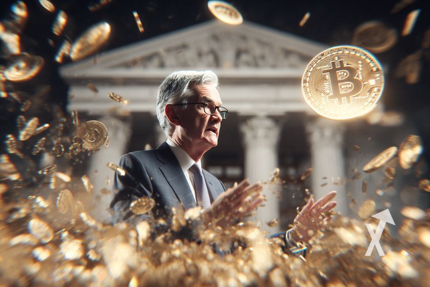 Jerome powell devant la banque centrale avec des bitcoins partout autour