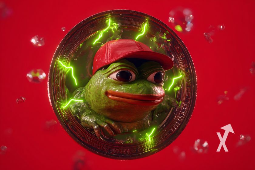 coin de pepe the frog avec un fond rouge et une casquette rouge sur PEPE