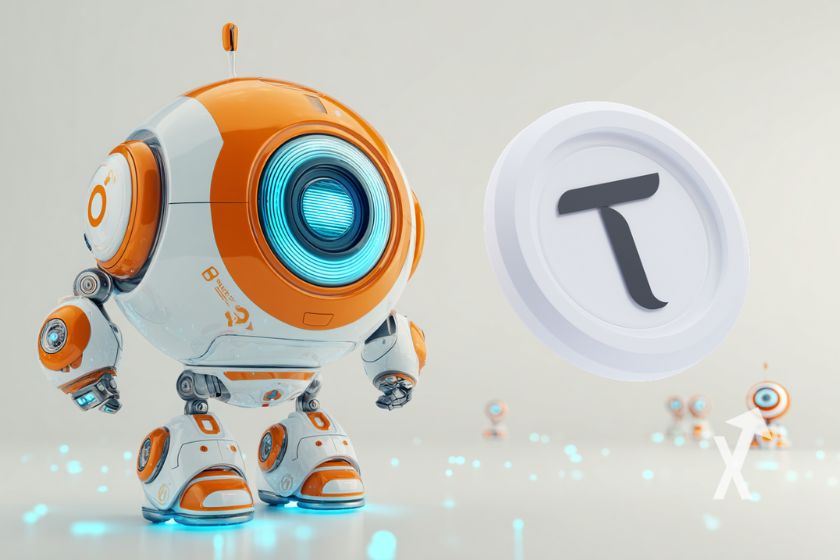 Robot orange avec un oeil bleu sur un fond blanc avec coin TAO à droite
