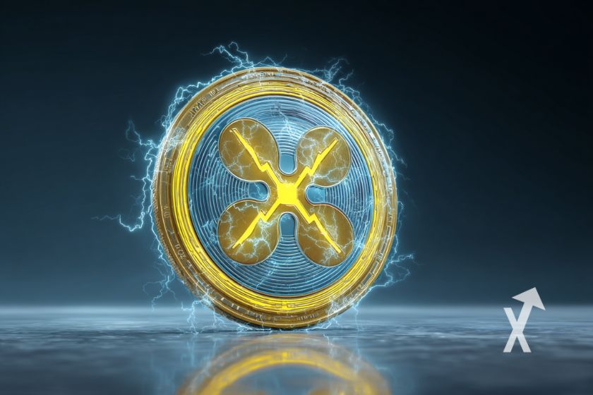 coin xrp avec de l'électricité autour du coin sur un fond bleu gris