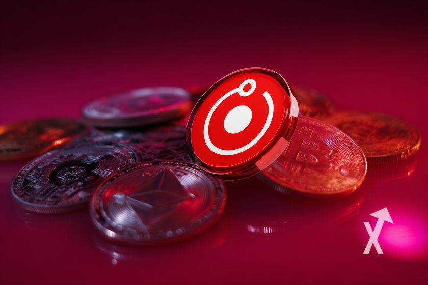 coin render posé sur d'autres coins Bitcoin en rouge sur un fond rouge