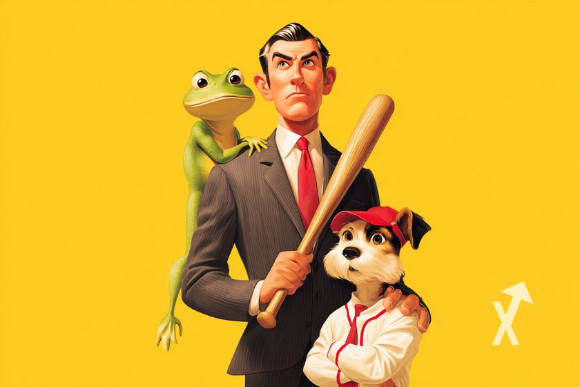 Donald trump jr qui tient une batte de baseball avec une grenouille sur son épaule et un chien à côté de lui sur un fond jaune