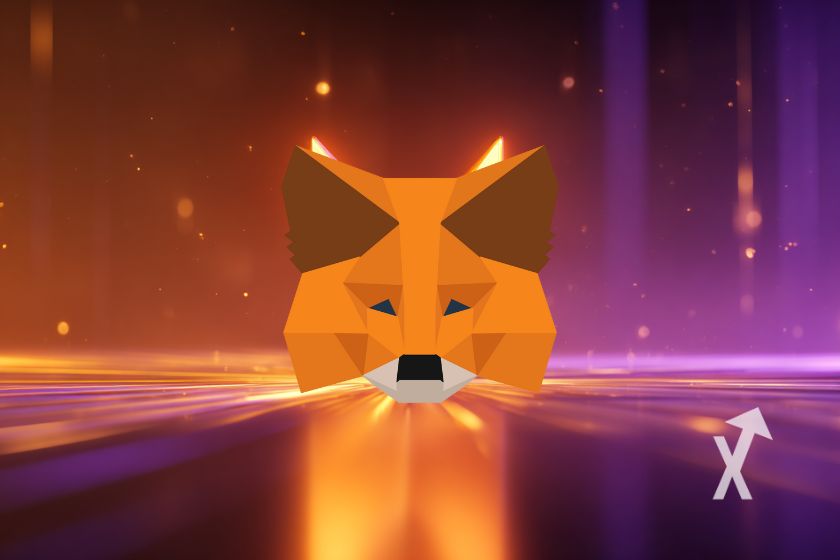 Logo metamask sur un fond violet avec lumières oranges