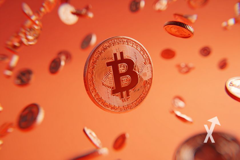 coin Bitcoin orange sur un fond orange avec pleins d'autres tokens qui volent autour