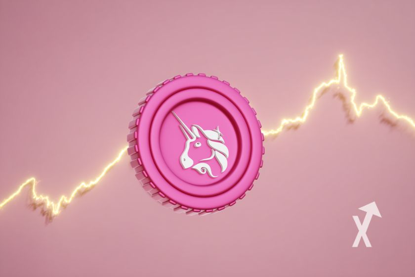 coin uni de uniswap sur un fond rose avec une trendline de prix en jaune lumineux