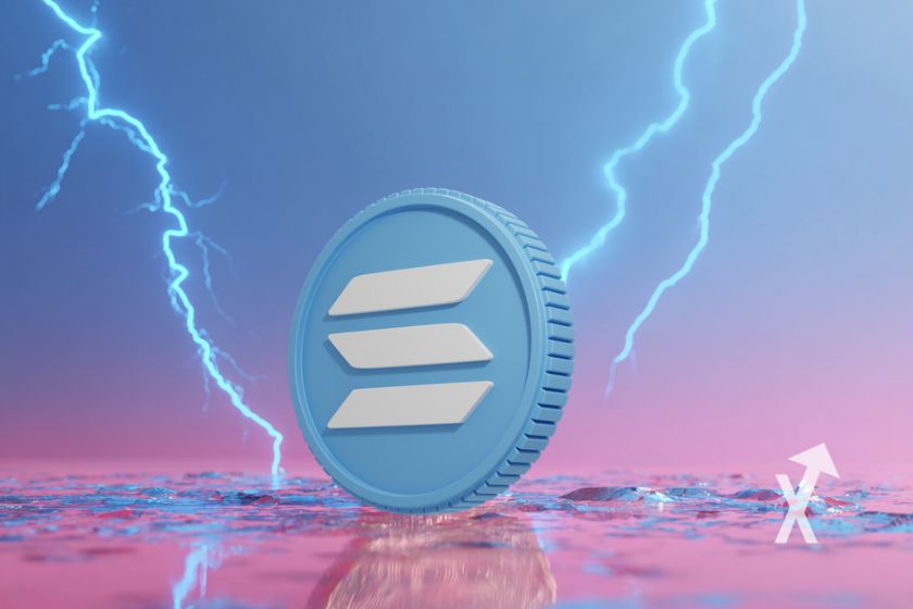 coin solana bleu sur un fond bleu et rose avec électricité bleue