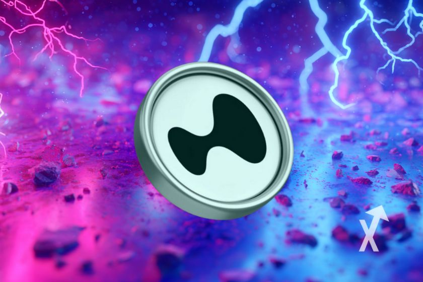 coin hyperliquid sur un fond bleu et rose flashy dans l'espace avec éclairs bleus