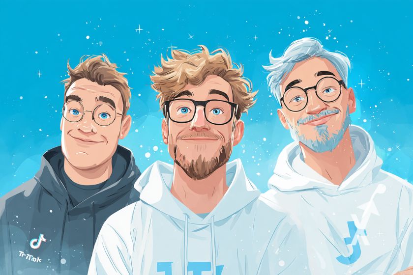 3 hommes avec des pulls et un logo tik tok dessus sur un fond bleu