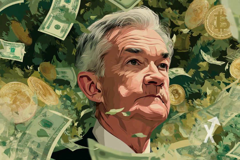 Jerome Powell dans un fond vert avec des billers dollars et Bitcoin autour