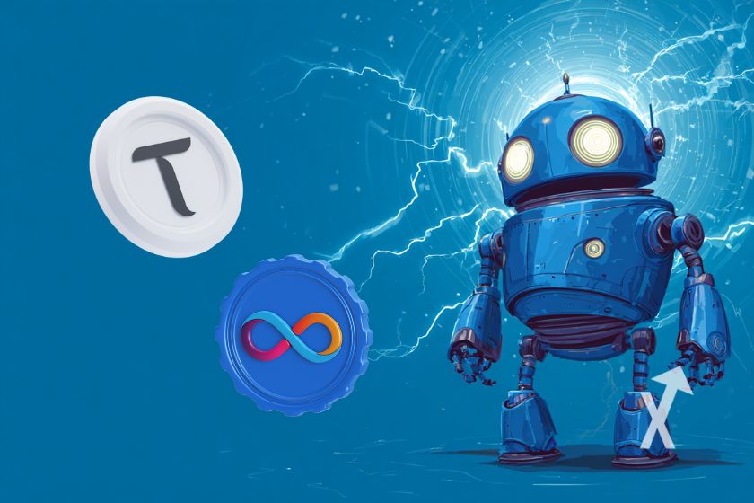 coin TAO et ICP sur un fond bleu avec un robot bleu et de l'électricité autour