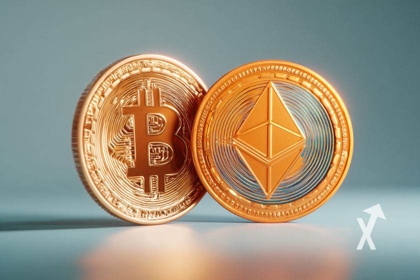 coin Bitcoin et Ethereum en jaunes surun fond gris bleu