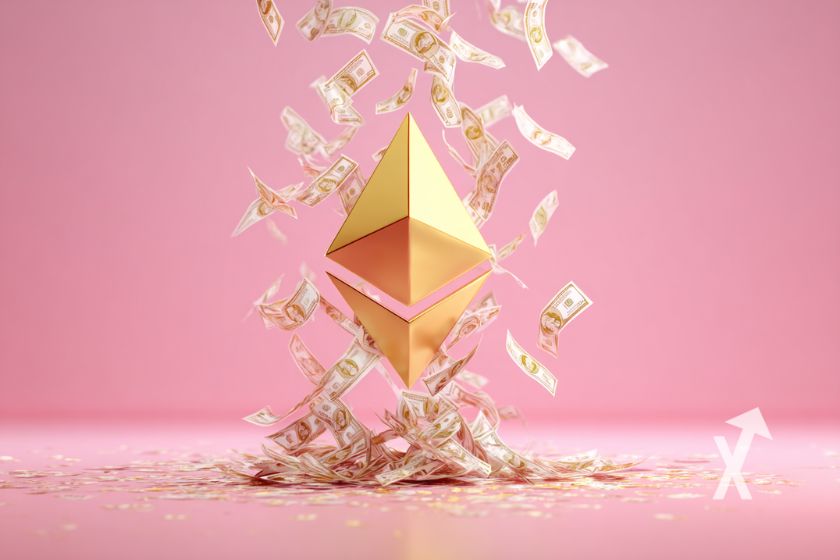 ethereum logo en jaune sur un fond rose avec billets de dollars qui volent autour