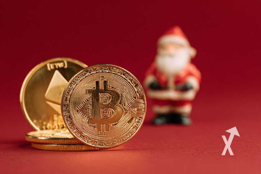 coins ethereum et bitcoin sur un fond rouge avec un père noël derrière